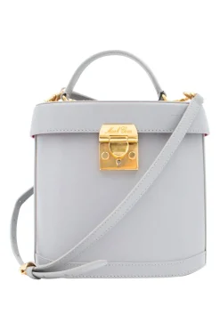 Mark Cross box bag with lid and handle, and push clasp in pebbled grey leather. Removable shoulder strap for cross body carry