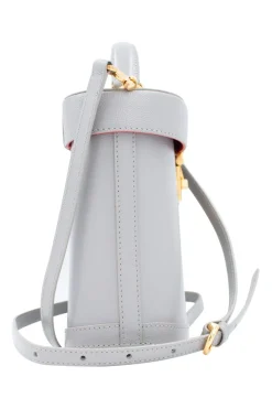Mark Cross box bag with lid and handle, and push clasp in pebbled grey leather. Removable shoulder strap for cross body carry