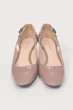 Mauve patent leather cutout slingback court pumps with chiseled square toe and buckle strap fastening