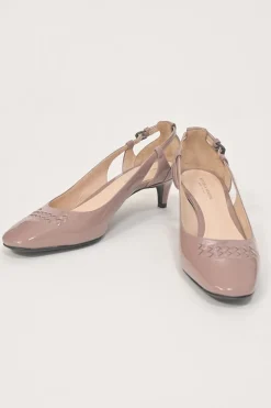 Mauve patent leather cutout slingback court pumps with chiseled square toe and buckle strap fastening