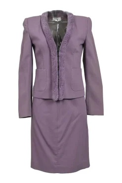 Mauve virgin wool single breasted tailored jacket and pull-on slit-back slip skirt suit set