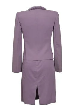 Mauve virgin wool single breasted tailored jacket and pull-on slit-back slip skirt suit set