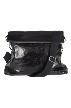 Medium number-patch shoulder bag in black textured shiny leather.