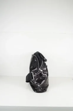 Medium number-patch shoulder bag in black textured shiny leather.