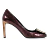 Metallic Purple  leather with bronze heels and silver buckle on top