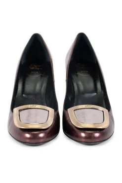 Metallic Purple  leather with bronze heels and silver buckle on top