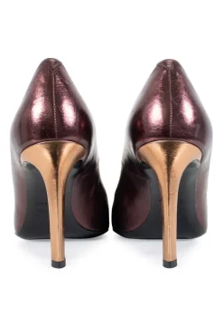 Metallic Purple  leather with bronze heels and silver buckle on top