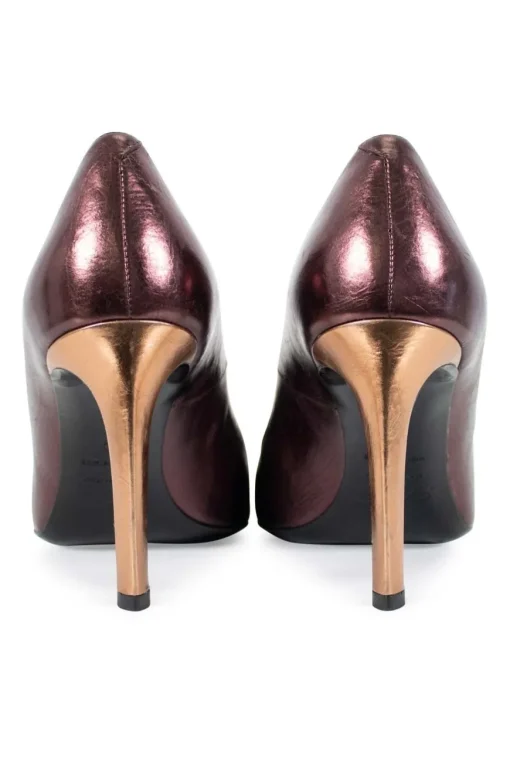 Metallic Purple  leather with bronze heels and silver buckle on top