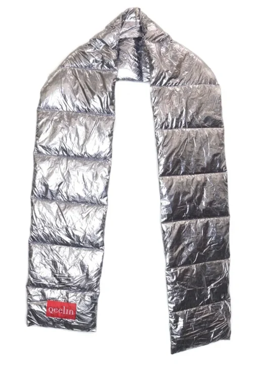 Metallic silver puffer scarf with carrying pouch