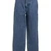 Mid-wash indigo cotton denim tuck-pleat high-rise straight leg jeans