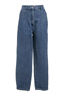 Mid-wash indigo cotton denim tuck-pleat high-rise straight leg jeans