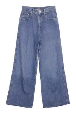 Mid-wash indigo cotton denim high-rise wide-leg jeans with logo-embroidered rear patch pocket