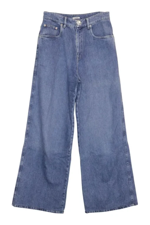 Mid-wash indigo cotton denim high-rise wide-leg jeans with logo-embroidered rear patch pocket