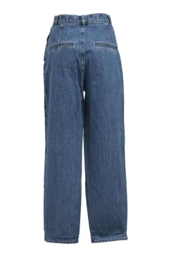 Mid-wash indigo cotton denim tuck-pleat high-rise straight leg jeans