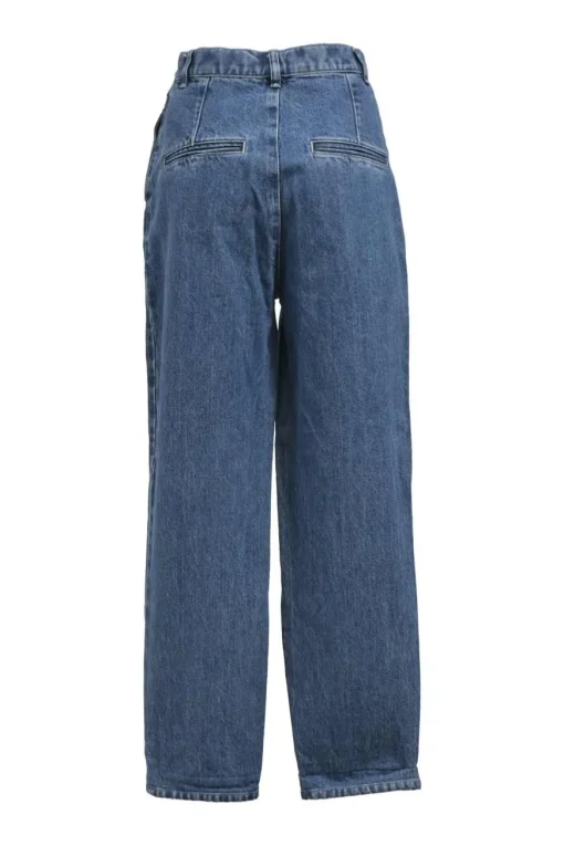 Mid-wash indigo cotton denim tuck-pleat high-rise straight leg jeans
