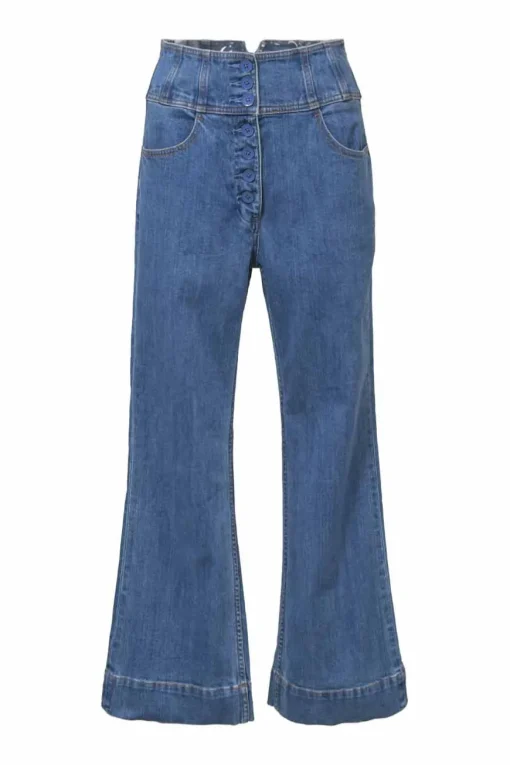 Mid-wash indigo cotton-blend denim high-rise Ellis cropped kick flare jeans