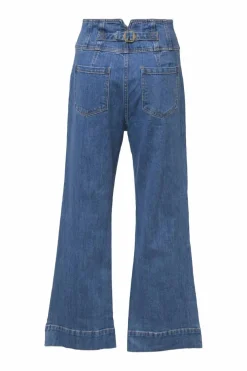 Mid-wash indigo cotton-blend denim high-rise Ellis cropped kick flare jeans