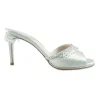 Mint embellished satin slip-on heeled sandals with iridescent dangle crystal trim appliqué