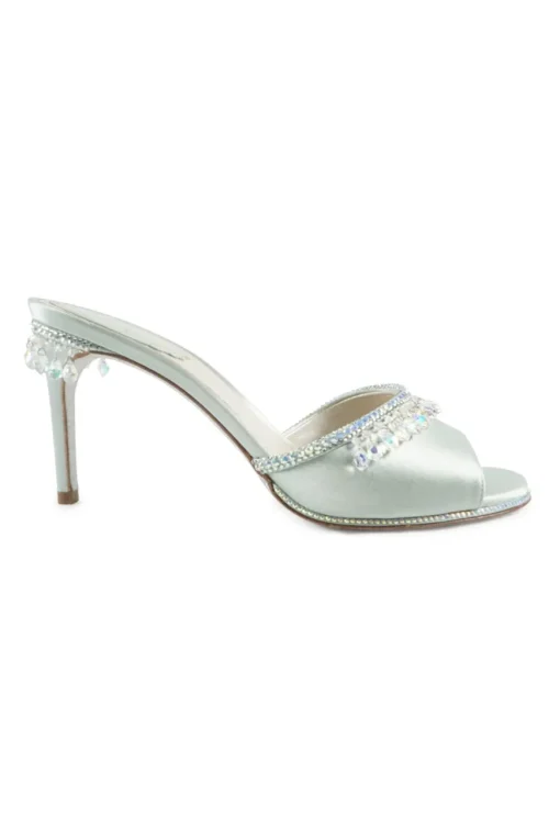 Mint embellished satin slip-on heeled sandals with iridescent dangle crystal trim appliqué