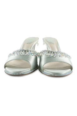 Mint embellished satin slip-on heeled sandals with iridescent dangle crystal trim appliqué