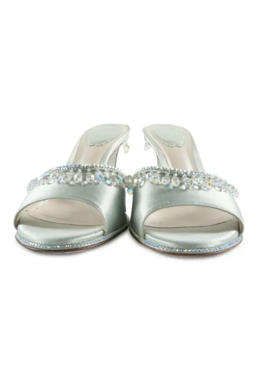 Mint embellished satin slip-on heeled sandals with iridescent dangle crystal trim appliqué