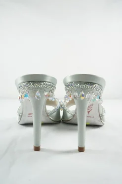 Mint embellished satin slip-on heeled sandals with iridescent dangle crystal trim appliqué
