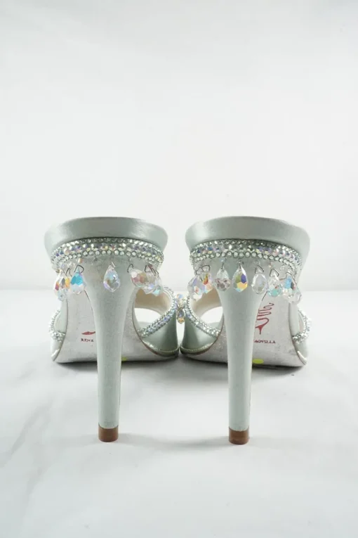 Mint embellished satin slip-on heeled sandals with iridescent dangle crystal trim appliqué