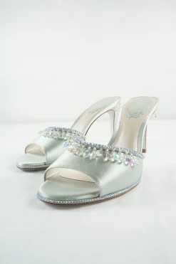 Mint embellished satin slip-on heeled sandals with iridescent dangle crystal trim appliqué