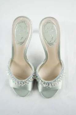 Mint embellished satin slip-on heeled sandals with iridescent dangle crystal trim appliqué