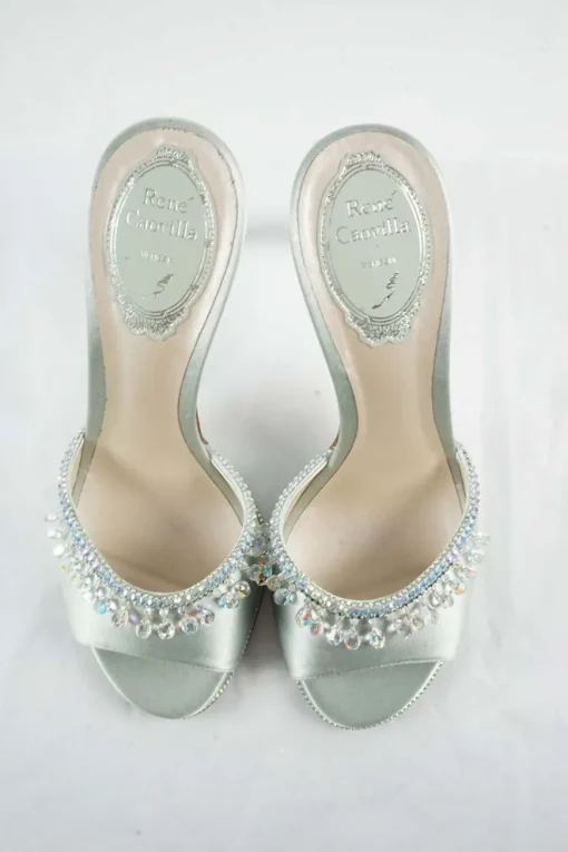 Mint embellished satin slip-on heeled sandals with iridescent dangle crystal trim appliqué