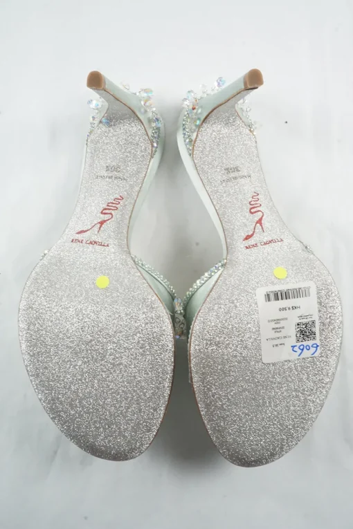 Mint embellished satin slip-on heeled sandals with iridescent dangle crystal trim appliqué