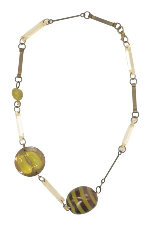 Moss green acrylic, horn and brass station necklace
