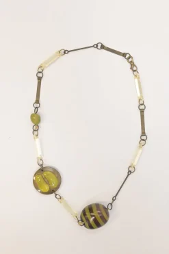 Moss green acrylic, horn and brass station necklace
