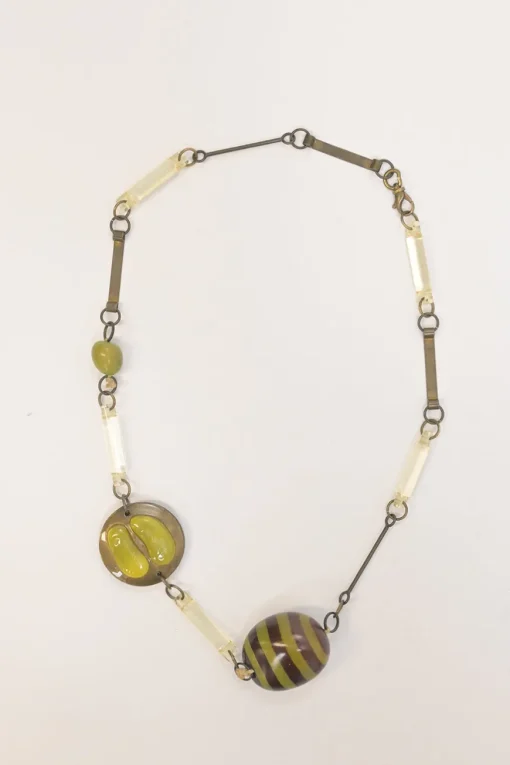 Moss green acrylic, horn and brass station necklace