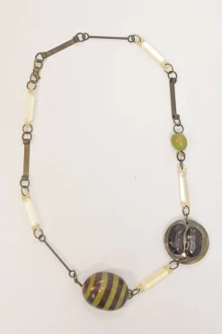 Moss green acrylic, horn and brass station necklace