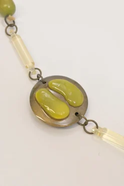 Moss green acrylic, horn and brass station necklace