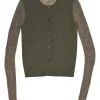 Moss green cashmere-blend button-front cardigan with contrasting marled heather sleeves and back panel