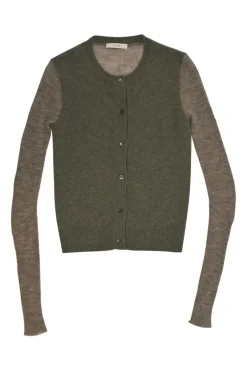 Moss green cashmere-blend button-front cardigan with contrasting marled heather sleeves and back panel