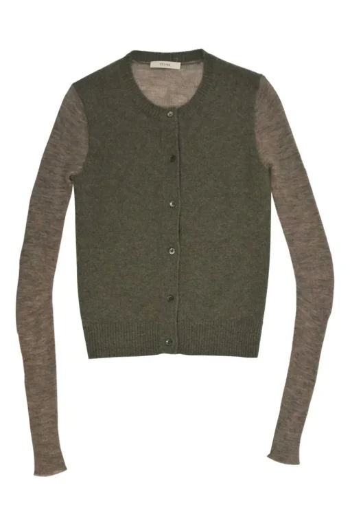 Moss green cashmere-blend button-front cardigan with contrasting marled heather sleeves and back panel