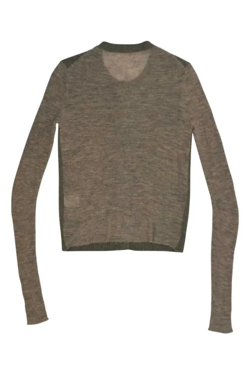 Moss green cashmere-blend button-front cardigan with contrasting marled heather sleeves and back panel