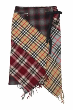 Mulit-colour regenerated wool scarf clashing tartans apron midi skirt with asymmetric hem