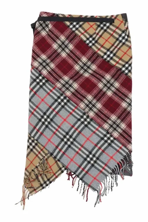 Mulit-colour regenerated wool scarf clashing tartans apron midi skirt with asymmetric hem