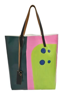 Multi-colour abstract print polyester tote bag with leather lining