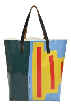 Multi-colour abstract print polyester tote bag with leather lining
