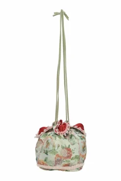 Multi-colour bead-embellished floral jacquard drawstring bucket bag