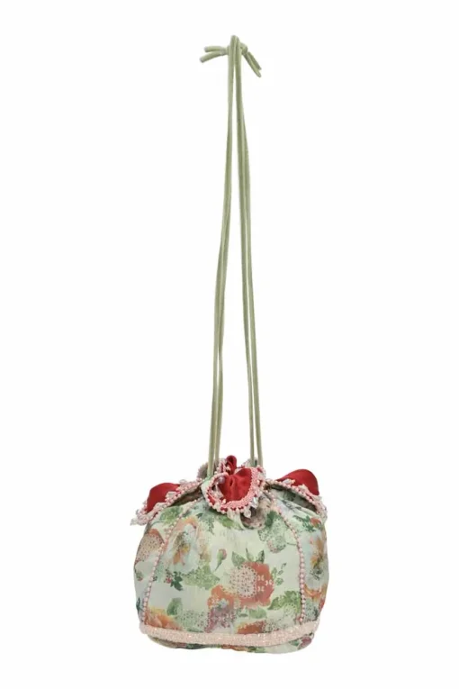 Multi-colour bead-embellished floral jacquard drawstring bucket bag