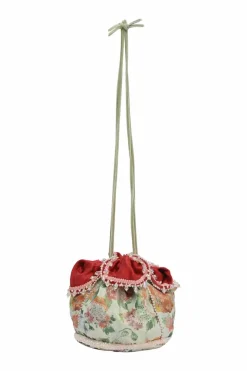 Multi-colour bead-embellished floral jacquard drawstring bucket bag