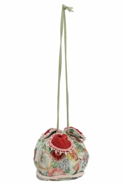 Multi-colour bead-embellished floral jacquard drawstring bucket bag