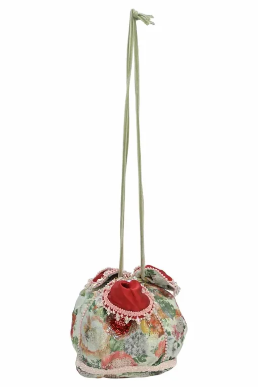 Multi-colour bead-embellished floral jacquard drawstring bucket bag