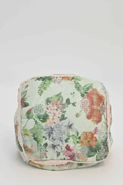 Multi-colour bead-embellished floral jacquard drawstring bucket bag